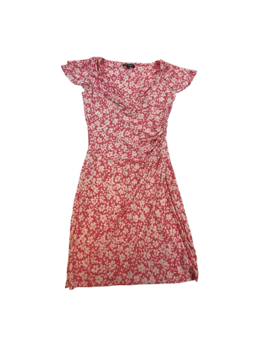 Lauren Ralph Lauren Pink White Floral Faux Wrap Dress Size 8 Flutter Sleeve Midi